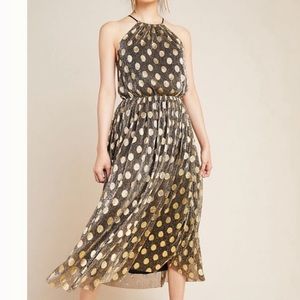 Black anthro midi dress with gold polkadots